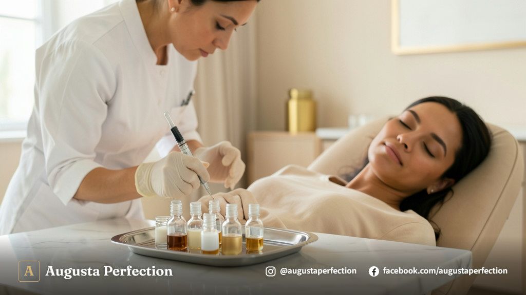 Profissional preparando séruns estéreis em ambiente de clínica estético seguro e moderno.