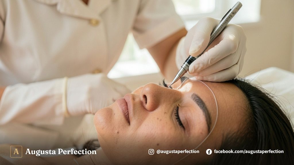 Profissional de estética segurando caneta tebori e paquímetro em ambiente clínico estéril no Cambuí