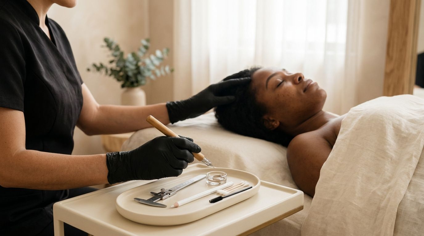 Especialista preparando instrumentos esterilizados para procedimento de microblading de sobrancelhas em ambiente clínico.