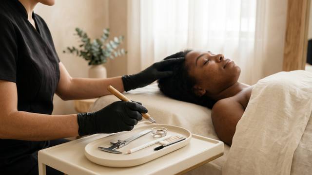 Especialista preparando instrumentos esterilizados para procedimento de microblading de sobrancelhas em ambiente clínico.
