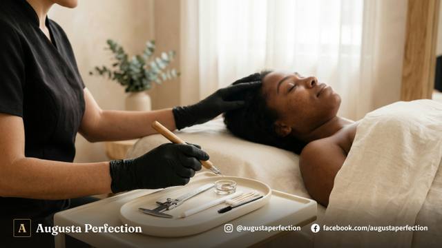 Especialista preparando instrumentos esterilizados para procedimento de microblading de sobrancelhas em ambiente clínico.
