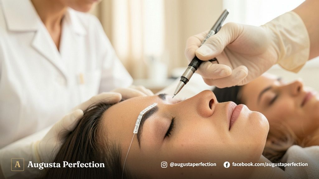 Especialista em estética preparando instrumentos esterilizados para procedimento de microblading de sobrancelhas.