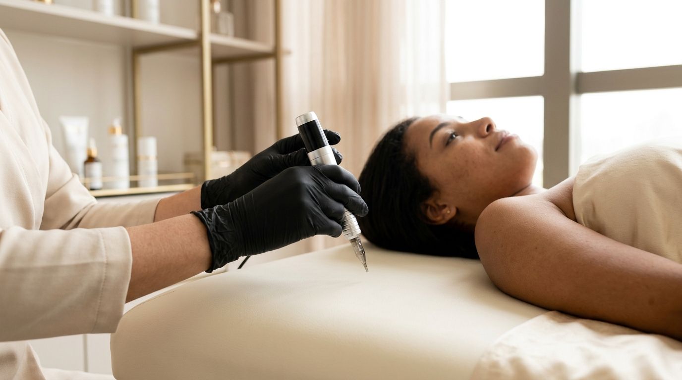 Mãos de profissional com luvas segurando aparelho de micropigmentação capilar em uma clínica de estética moderna.