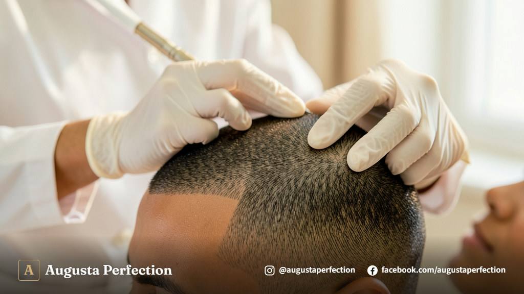 Especialista em estética avançada preparando equipamentos para o procedimento de micropigmentação capilar.