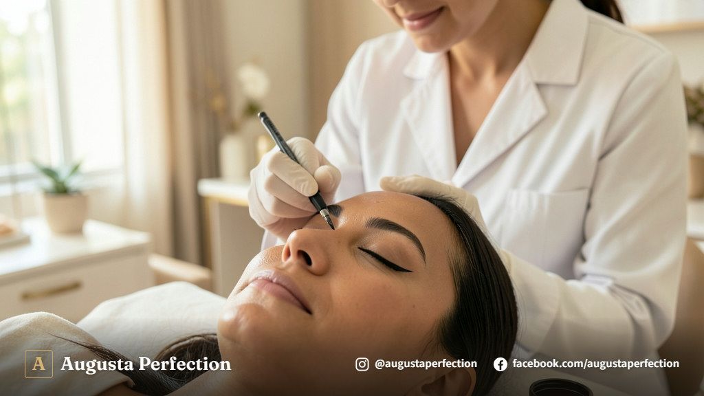 Mãos de profissional em clínica estética segurando equipamento de micropigmentação ao lado de pigmentos certificados.
