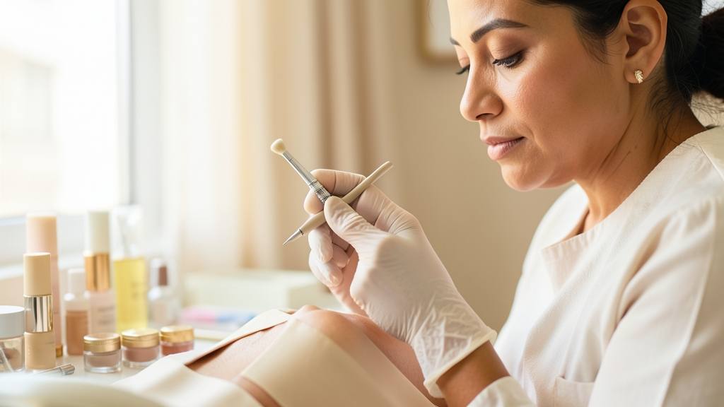 Profissional especialista em estética preparando instrumento de micropigmentação para delineado em ambiente clínico seguro.