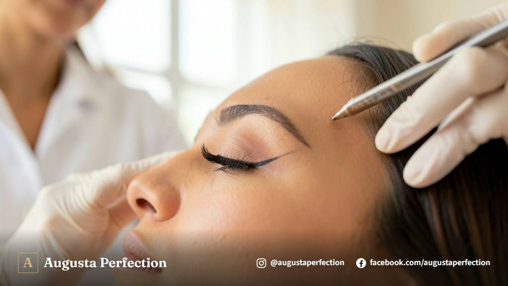 Profissional de estética avançada com luvas segurando equipamento de precisão em uma clínica moderna e acolhedora.