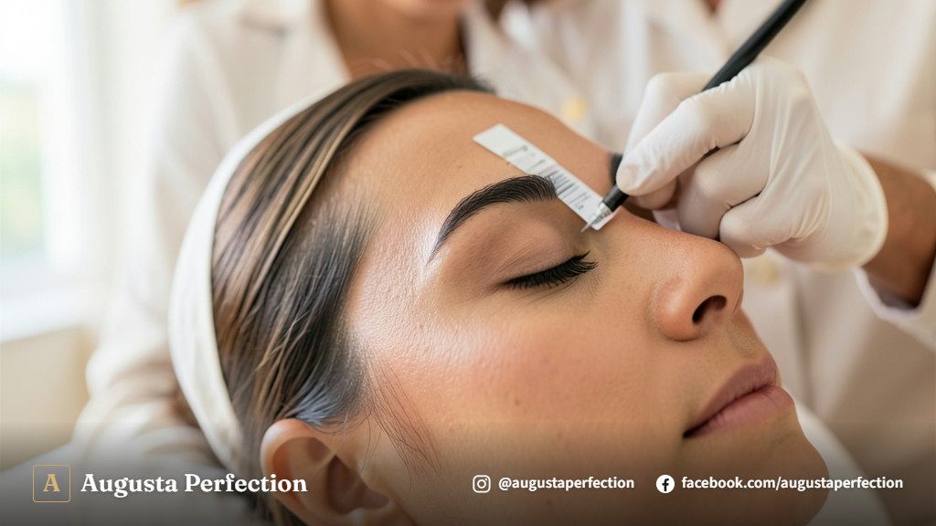 Profissional realizando alinhamento e medição de sobrancelha para procedimento de micropigmentação fio a fio em clínica.