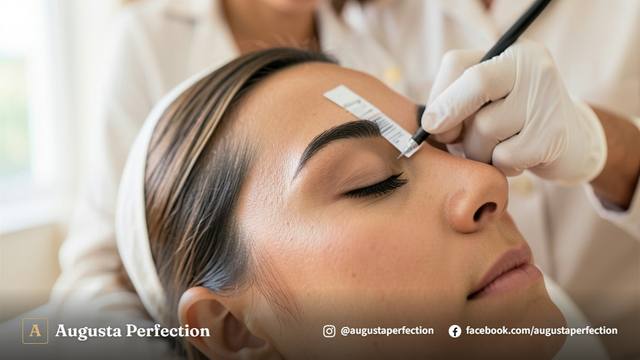 Profissional realizando alinhamento e medição de sobrancelha para procedimento de micropigmentação fio a fio em clínica.