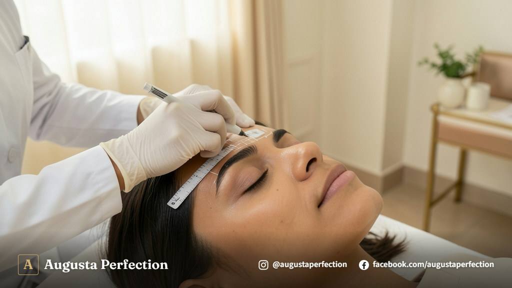 Profissional de estética com luvas segurando instrumento para micropigmentação fio a fio em ambiente clínico sofisticado.