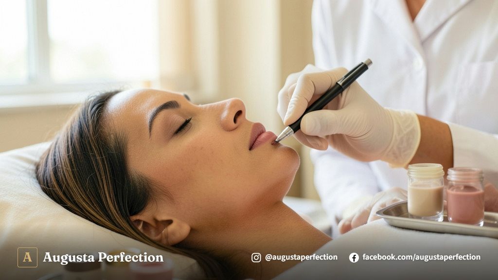 Especialista em estética preparando equipamentos e pigmentos para procedimento suave de micropigmentação labial na clínica.