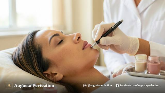 Especialista em estética preparando equipamentos e pigmentos para procedimento suave de micropigmentação labial na clínica.