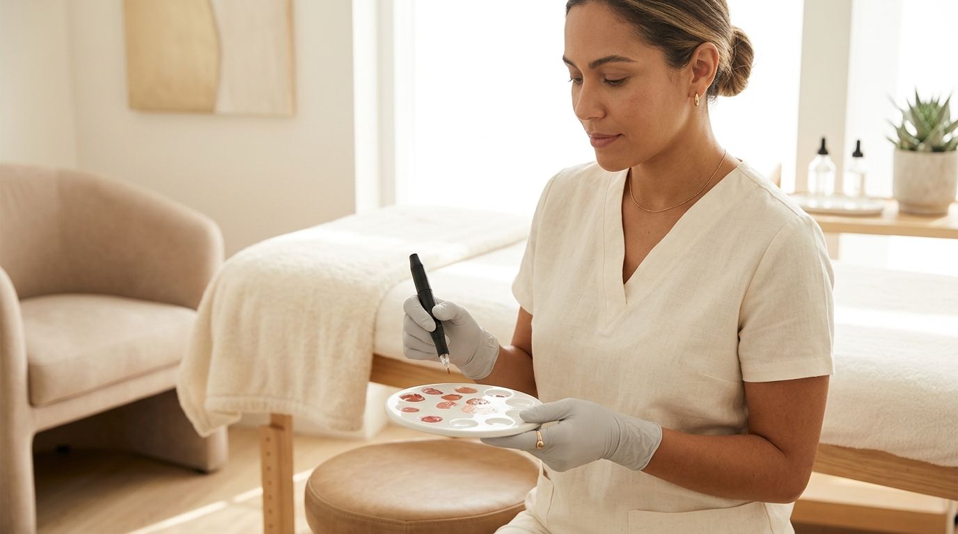 Especialista preparando pigmentação labial em ambiente clínico higienizado em Campinas.