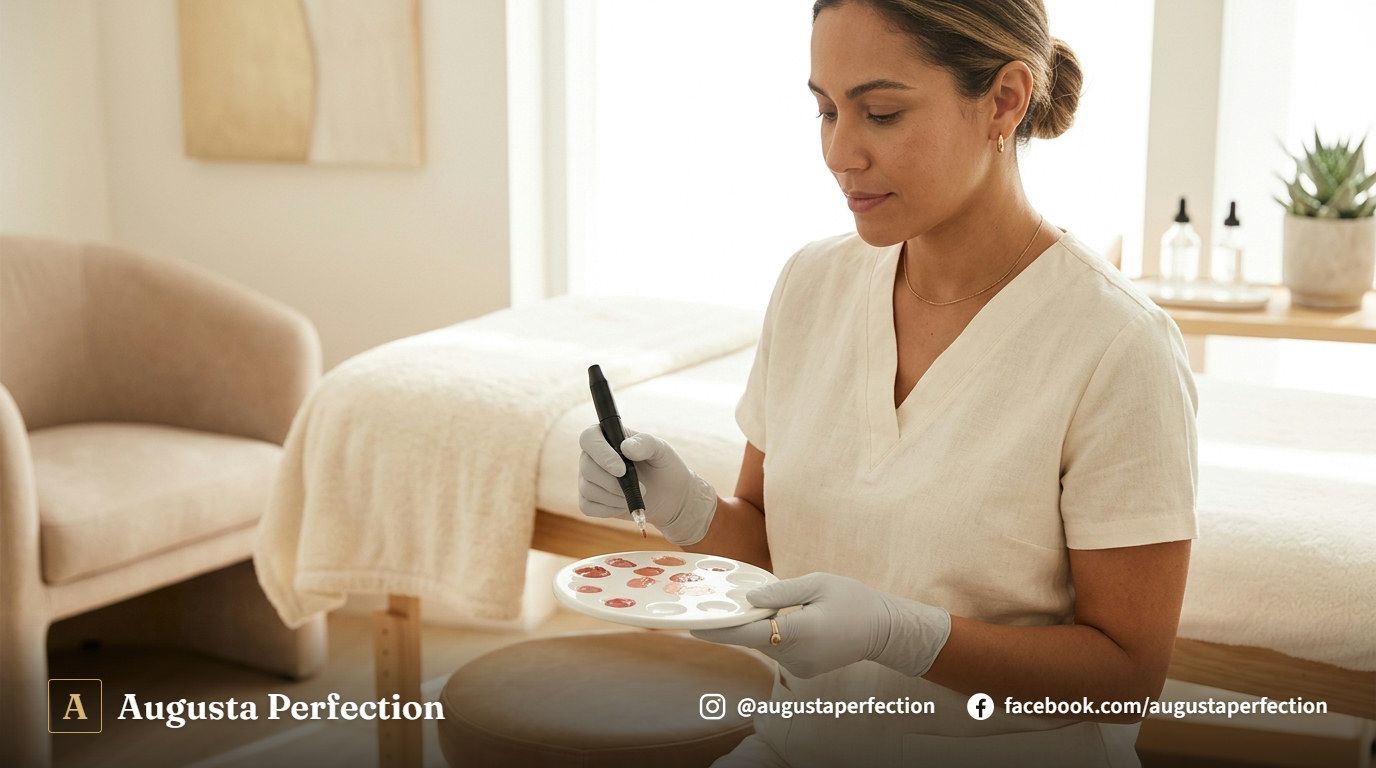 Especialista preparando pigmentação labial em ambiente clínico higienizado em Campinas.