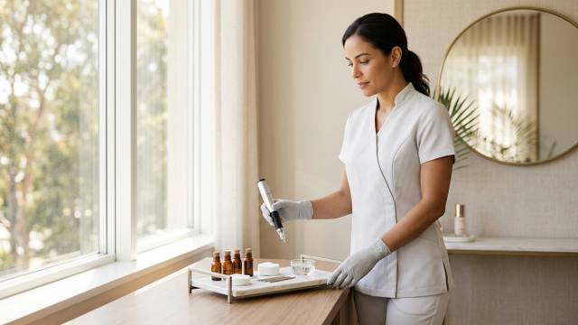 Especialista em estética preparando os materiais esterilizados para o procedimento de micropigmentação labial em Jaú