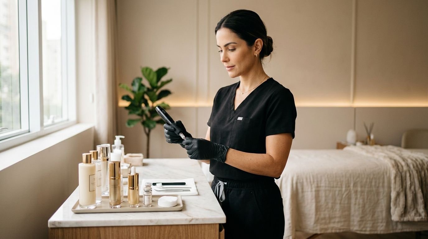 Profissional de estética com luvas pretas segurando equipamento de micropigmentação labial em clínica em Jundiaí