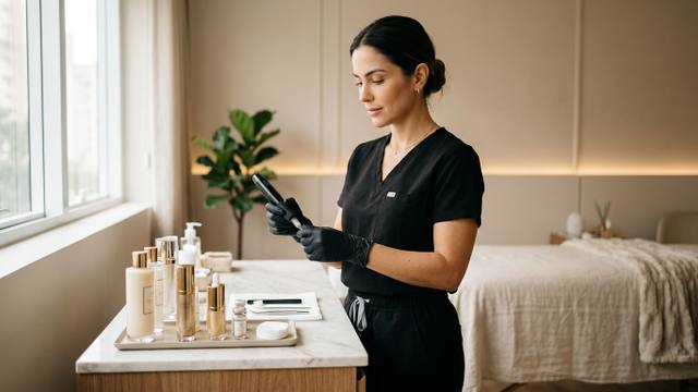 Profissional de estética com luvas pretas segurando equipamento de micropigmentação labial em clínica em Jundiaí