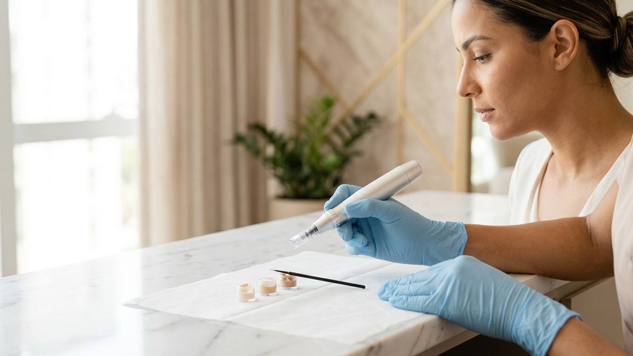 Mãos enluvadas de profissional de estética preparando equipamento estéril de micropigmentação labial em consultório clínico.
