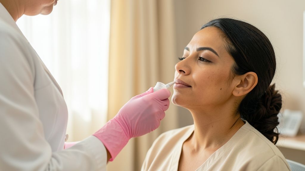 Profissional de estética em clínica refinada segurando pigmentos para micropigmentação labial segura.