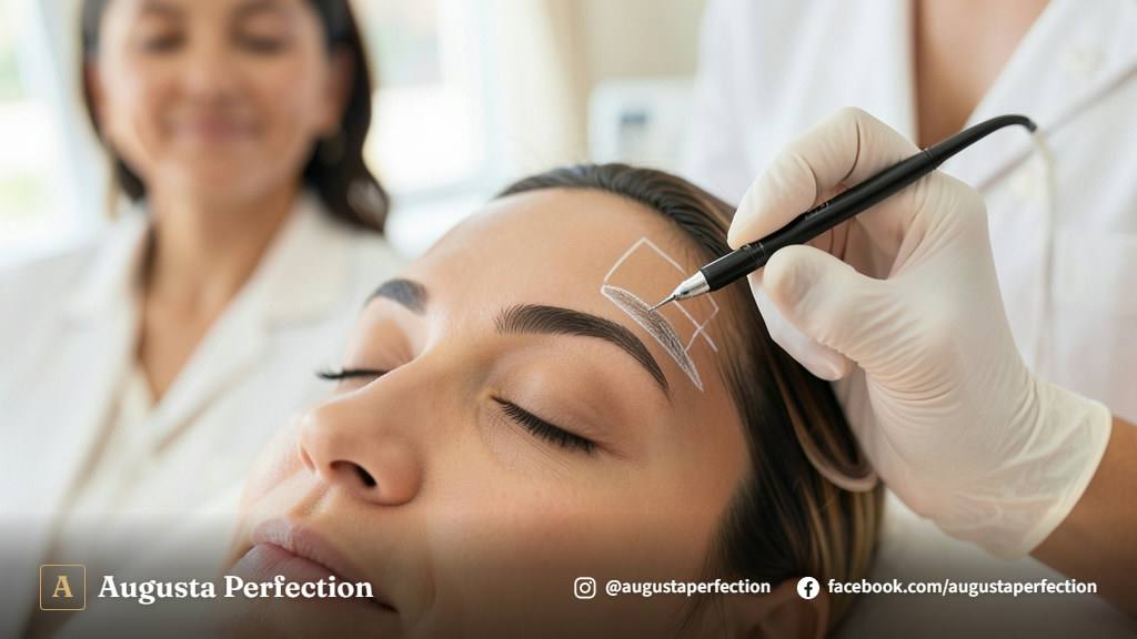 Especialista em estética preparando instrumentos de precisão para procedimento de microshading em clínica elegante.