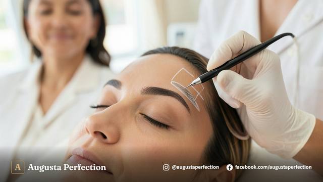 Especialista em estética preparando instrumentos de precisão para procedimento de microshading em clínica elegante.
