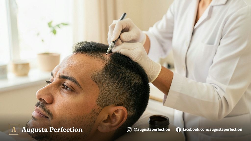 Mãos de profissional com luvas organizando pigmentos e instrumentos finos em clínica de estética capilar.