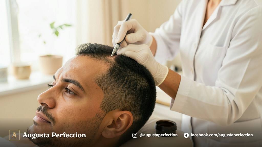 Mãos de profissional com luvas organizando pigmentos e instrumentos finos em clínica de estética capilar.