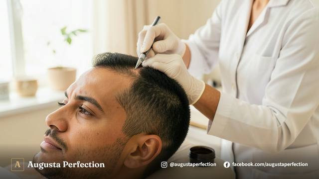 Mãos de profissional com luvas organizando pigmentos e instrumentos finos em clínica de estética capilar.