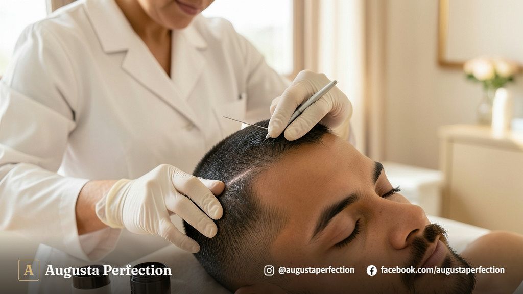 Especialista preparando pigmentos e equipamentos para nanopigmentação capilar em clínica de estética.