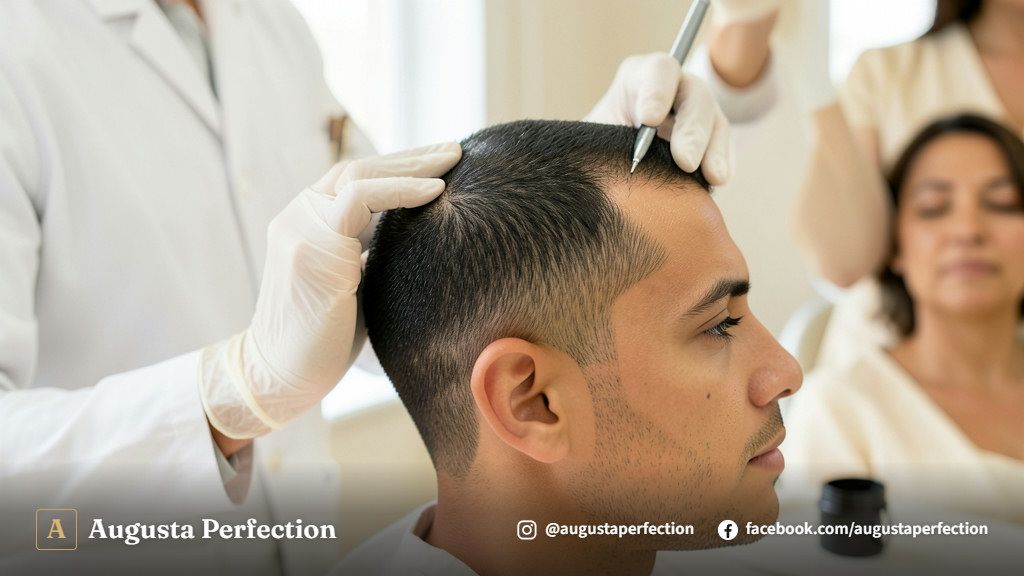 Especialista em estética preparando instrumentos de precisão e pigmentos para nanopigmentação capilar em clínica.