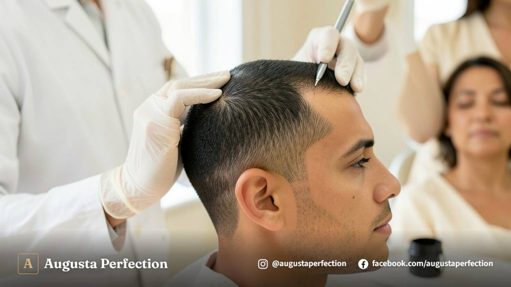 Especialista em estética preparando instrumentos de precisão e pigmentos para nanopigmentação capilar em clínica.