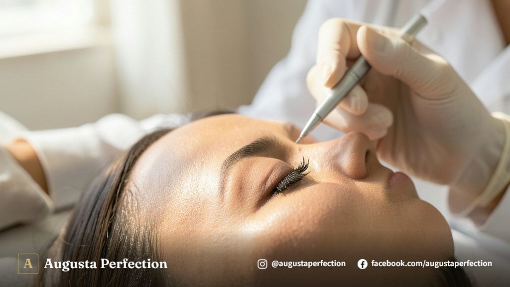 Especialista preparando equipamento de nanopigmentação de olhos em ambiente de clínica estética.