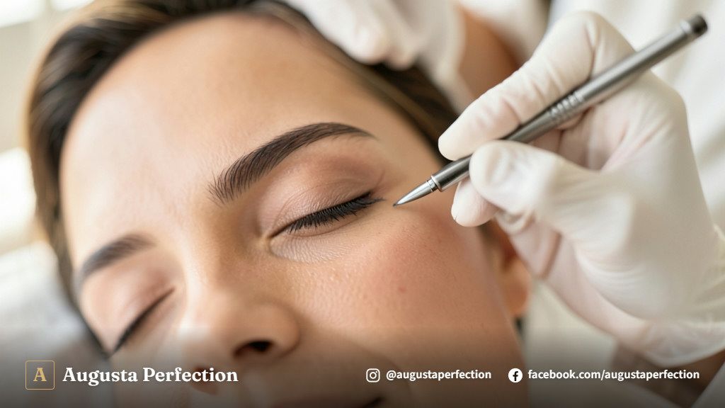 Especialista em estética com luvas organizando instrumentos estéreis para procedimento de nanopigmentação de olhos.
