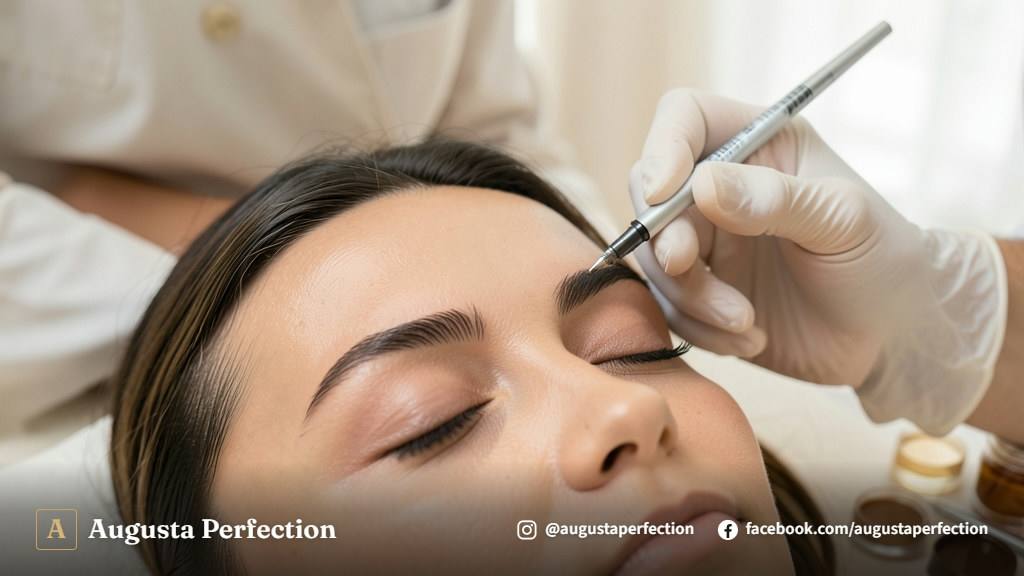 Profissional de estética preparando pigmentos e instrumentos esterilizados para nanopigmentação em Jundiaí.