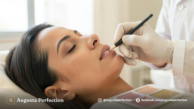 Profissional de estética com luvas organizando materiais esterilizados e pigmento certificado para nanopigmentação labial.