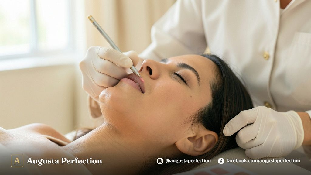 Profissional de estética preparando pigmentos para manutenção de nanopigmentação labial em ambiente clínico.