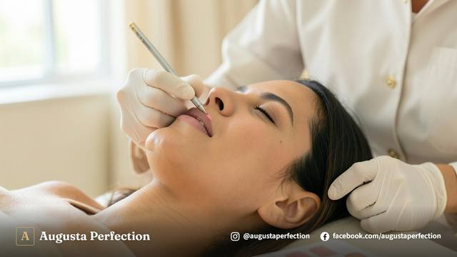 Profissional de estética preparando pigmentos para manutenção de nanopigmentação labial em ambiente clínico.