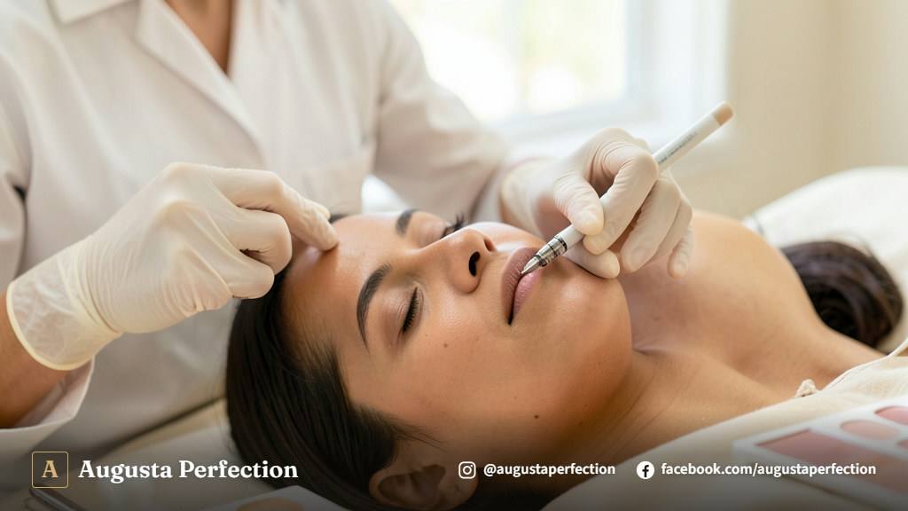 Profissional de estética com luvas realizando avaliação criteriosa nos lábios de uma paciente em ambiente clínico estéril.