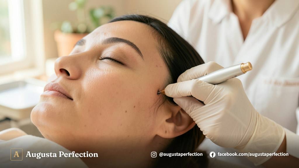 Profissional de estética com luvas segurando equipamento moderno em sala de atendimento iluminada e elegante.
