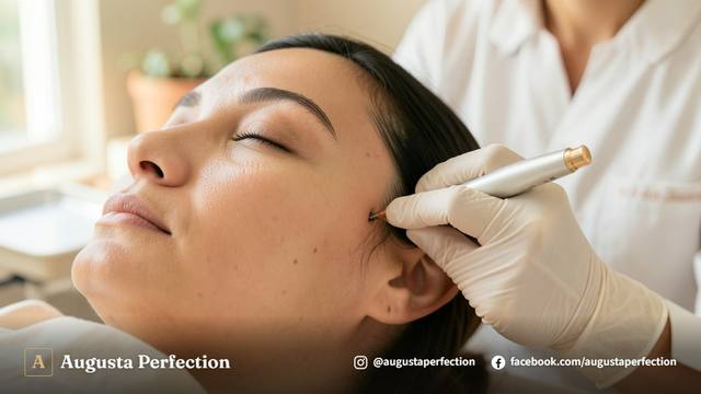 Profissional de estética com luvas segurando equipamento moderno em sala de atendimento iluminada e elegante.