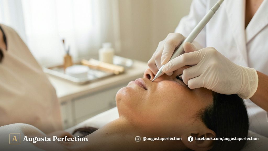 Profissional de estética avançada aplicando produto regenerador em ambiente clínico elegante e acolhedor.