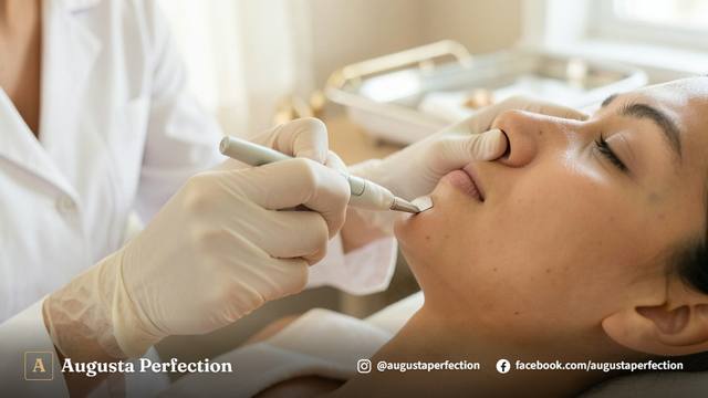 Profissional de estética segurando produto reparador em uma clínica moderna e elegante.