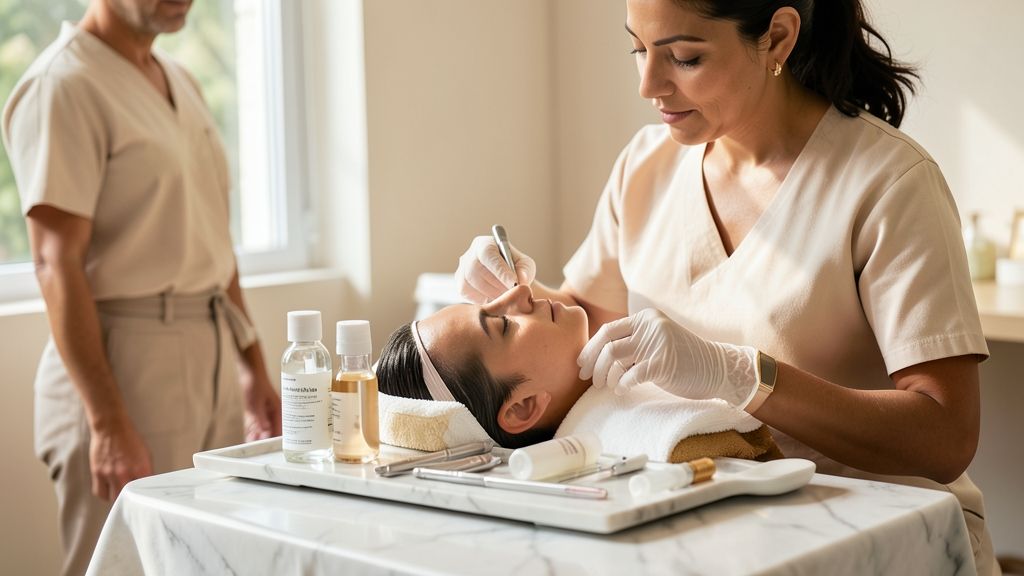 Profissional de estética preparando equipamento para procedimento suave de peeling elétrico em clínica de alto padrão.