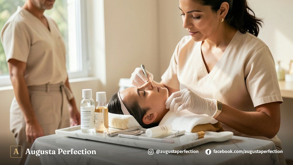 Profissional de estética preparando equipamento para procedimento suave de peeling elétrico em clínica de alto padrão.