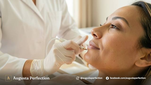Especialista em estética realizando procedimento com equipamento de peeling elétrico em ambiente clínico seguro.