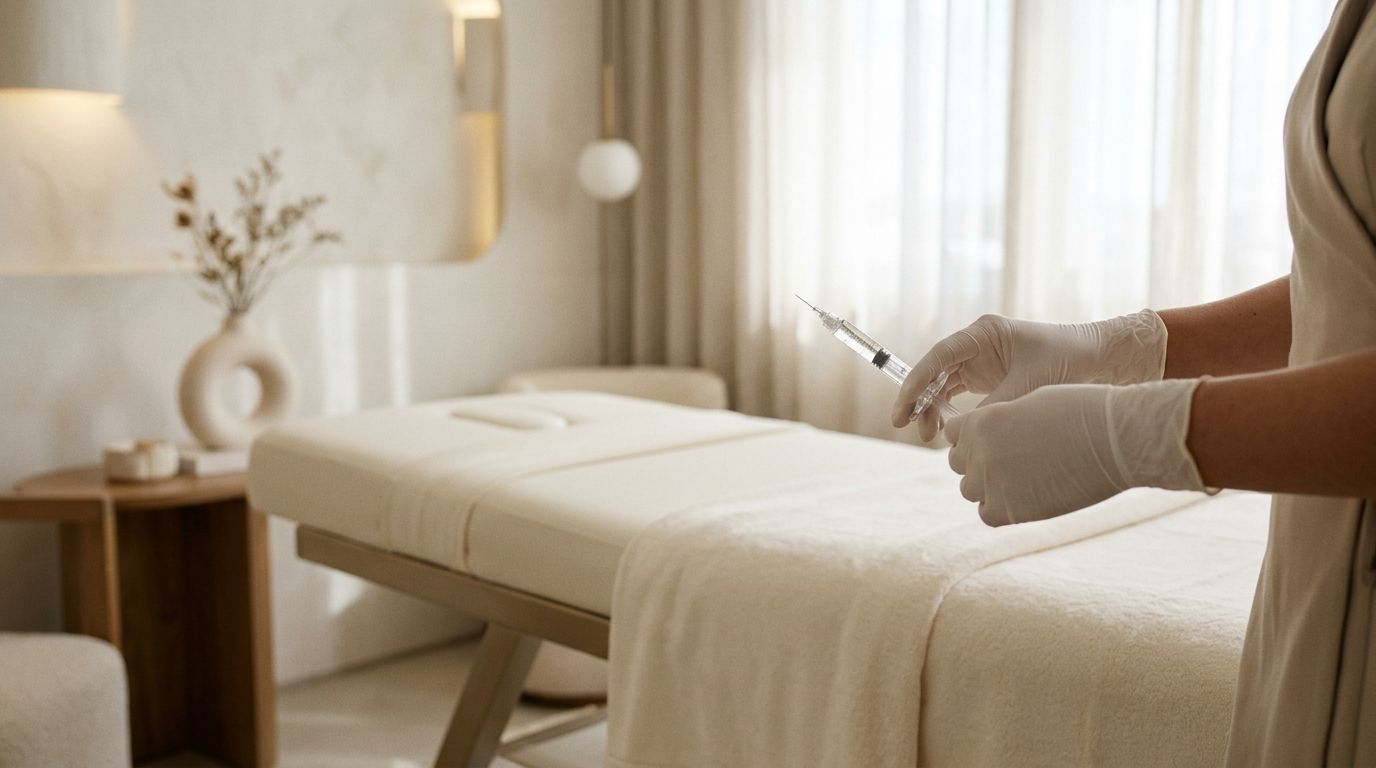 Seringa de preenchimento facial em ambiente clínico moderno e elegante.