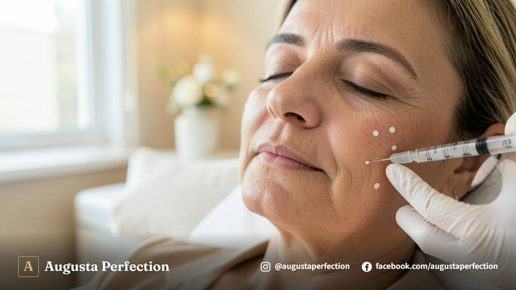 Profissional de estética preparando seringa de ácido hialurônico em ambiente clínico acolhedor e moderno.