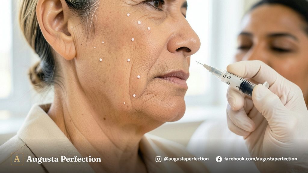 Mãos de profissional esteta com luvas segurando produto de ácido hialurônico em ambiente de clínica sofisticado.