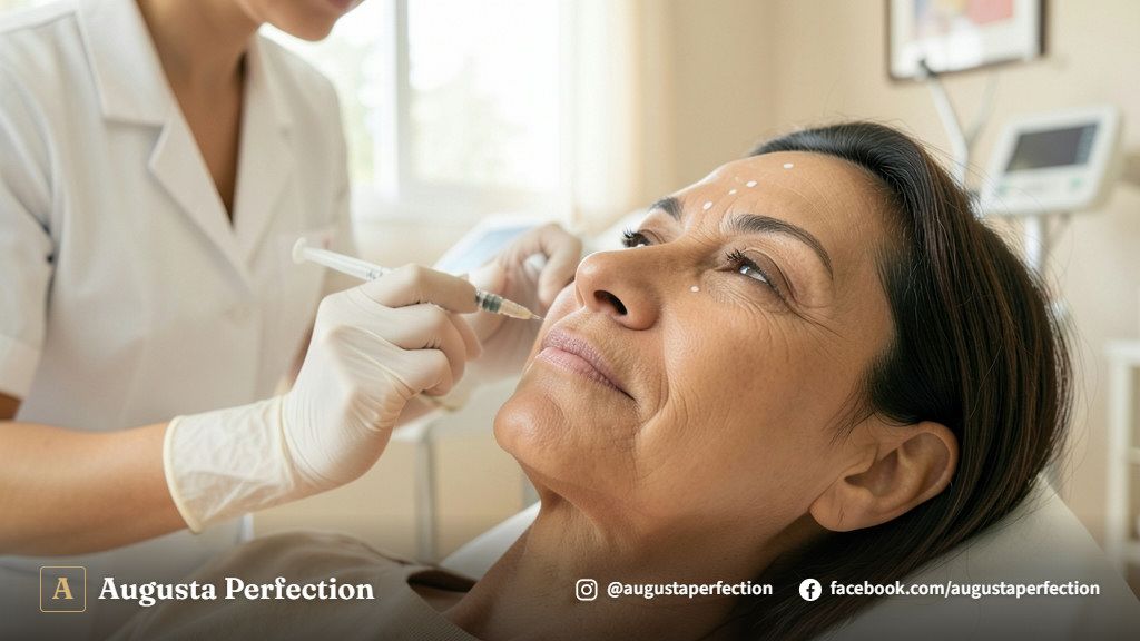 Especialista em estética realizando avaliação da região perioral em consultório moderno.