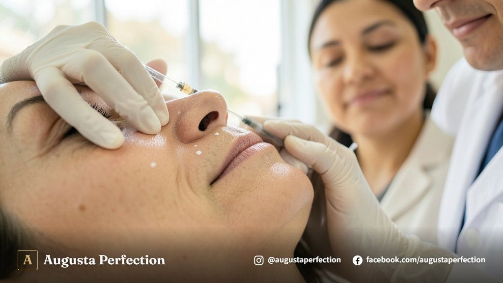 Ambiente de clínica de estética com profissional preparando cuidados pós-procedimento para a região labial.